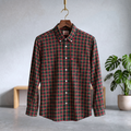 Red plaid shirt on a hanger against a neutral background with a plant.