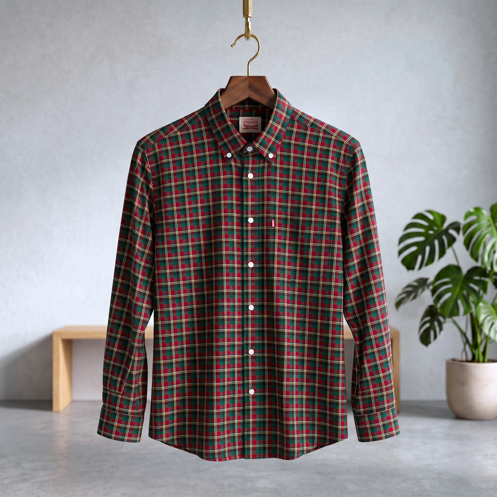 Red plaid shirt on a hanger against a neutral background with a plant.