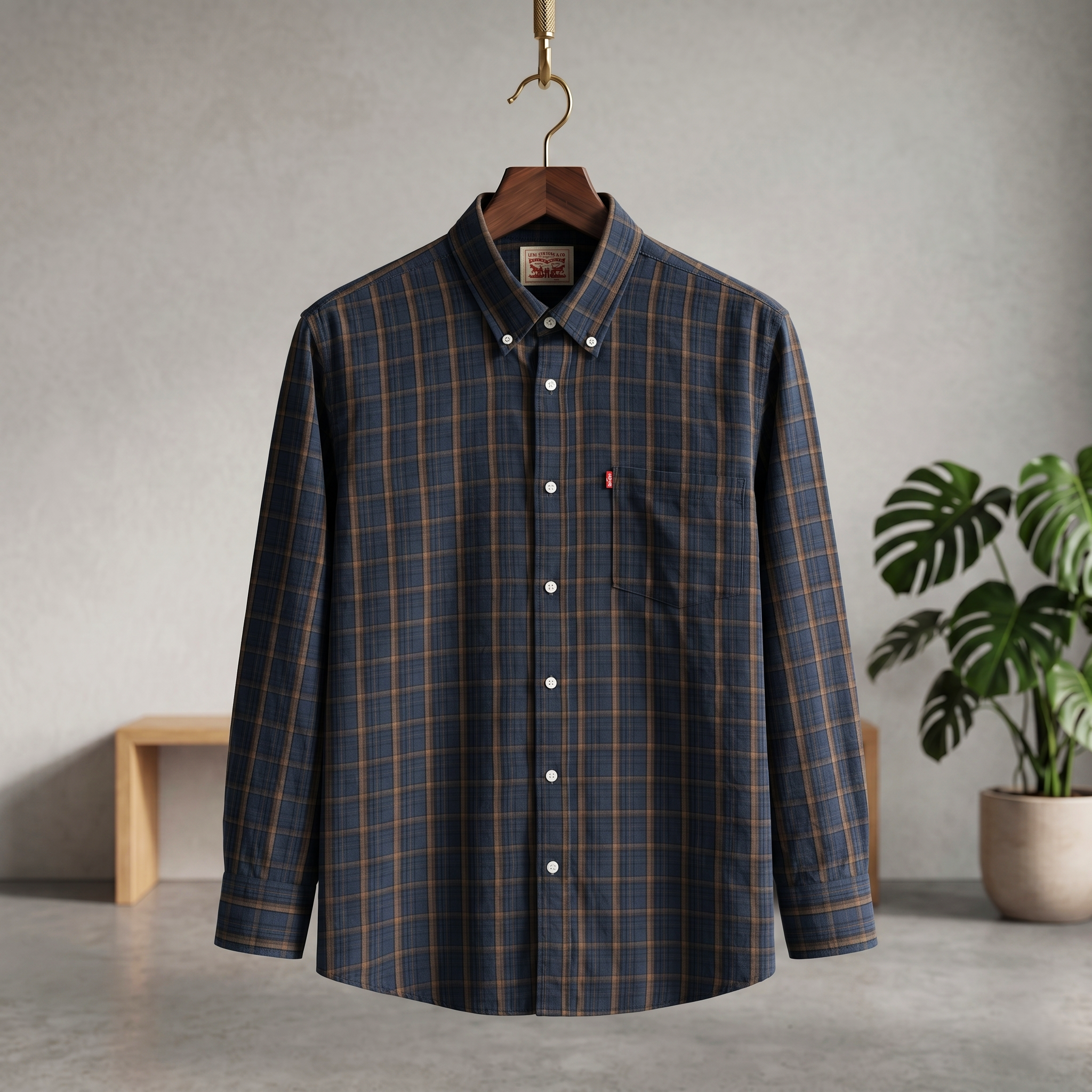 Plaid shirt on a hanger against a neutral background with a plant.