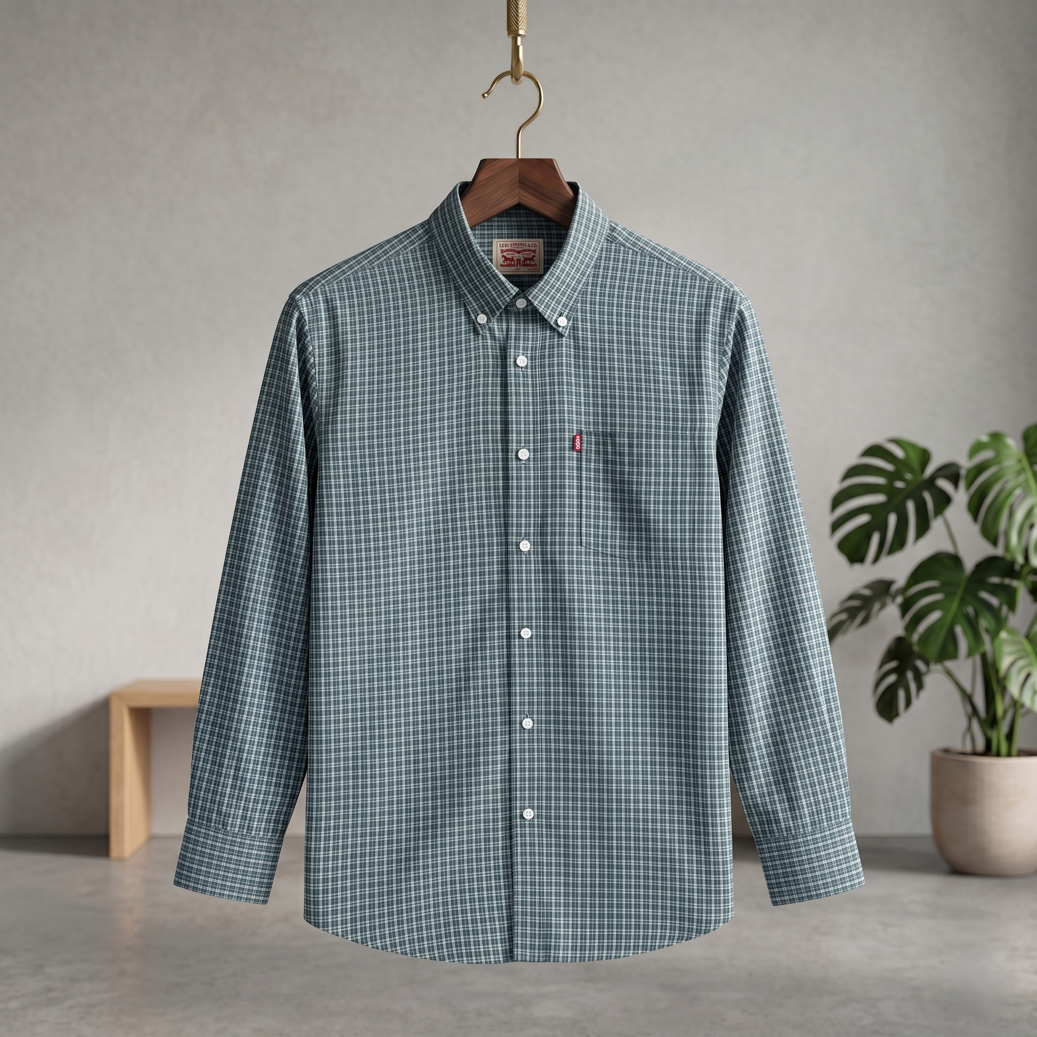 Dark Grey-Green checkered shirt on a hanger against a neutral background with a plant.
