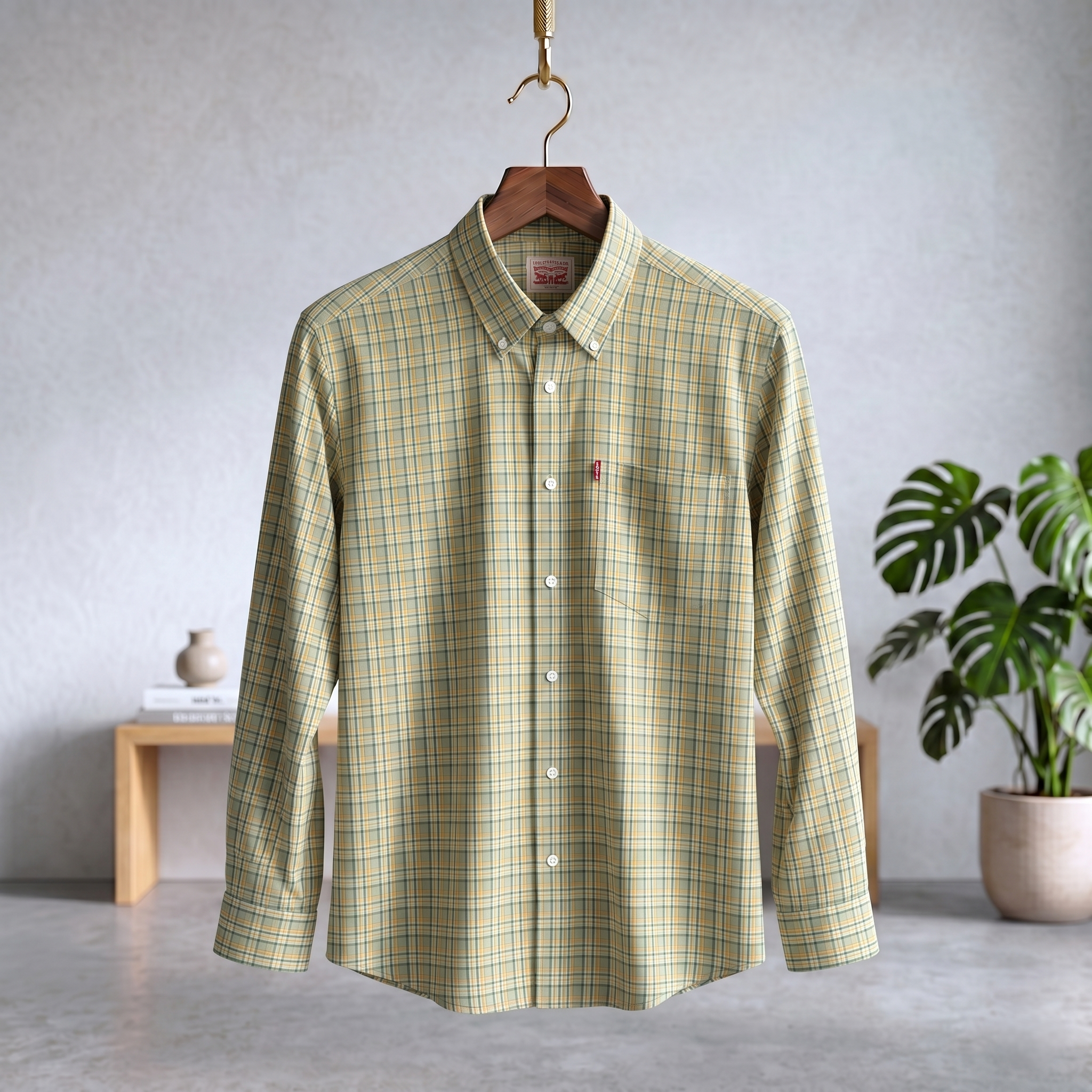Yellow plaid shirt on a hanger against a gray wall with a plant in the background
