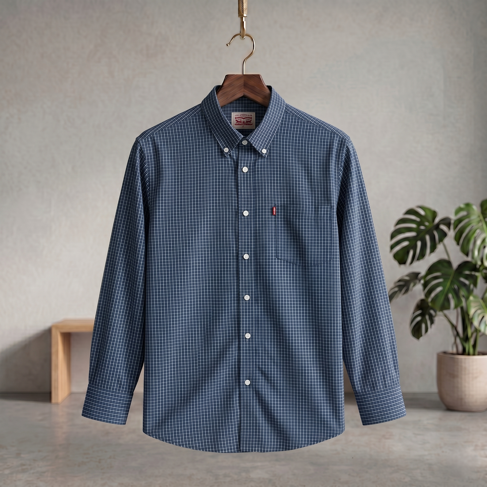 Dark blue check casual button-up shirt with single chest pocket