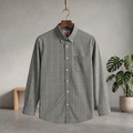 Grey plaid long-sleeve button-up shirt with single chest pocket