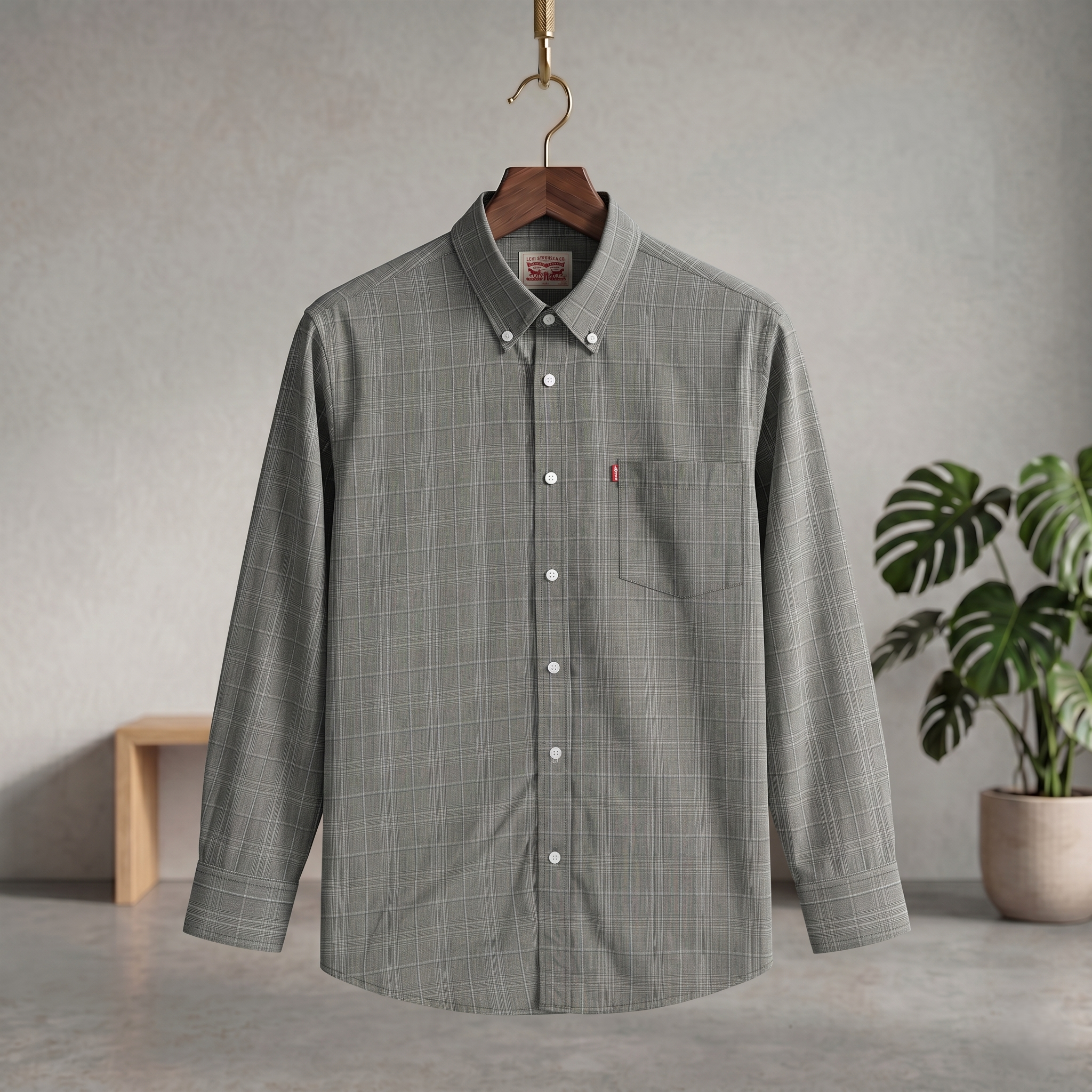 Grey plaid long-sleeve button-up shirt with single chest pocket
