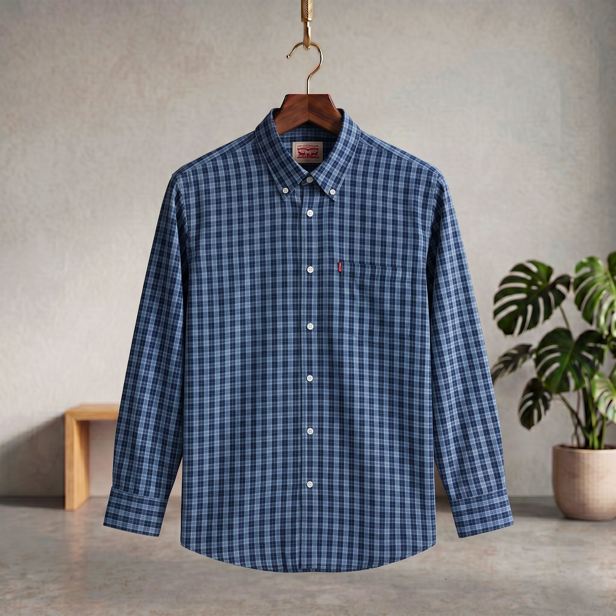 Blue plaid casual button-up shirt with chest pocket, long sleeves, button front