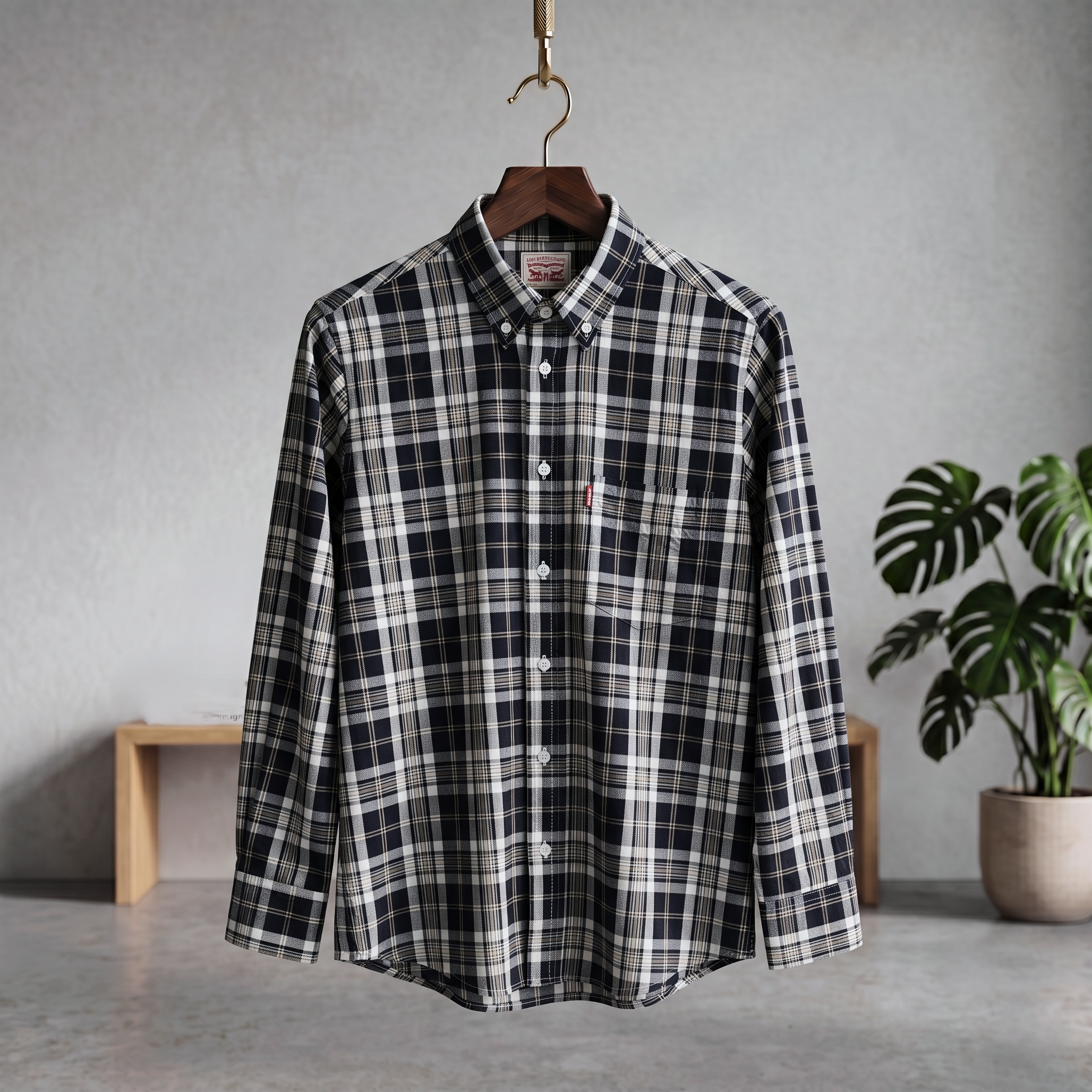 Plaid casual button-up shirt with single chest pocket, dark and white tones