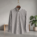 Gray-and-white plaid casual button-up shirt with single chest pocket