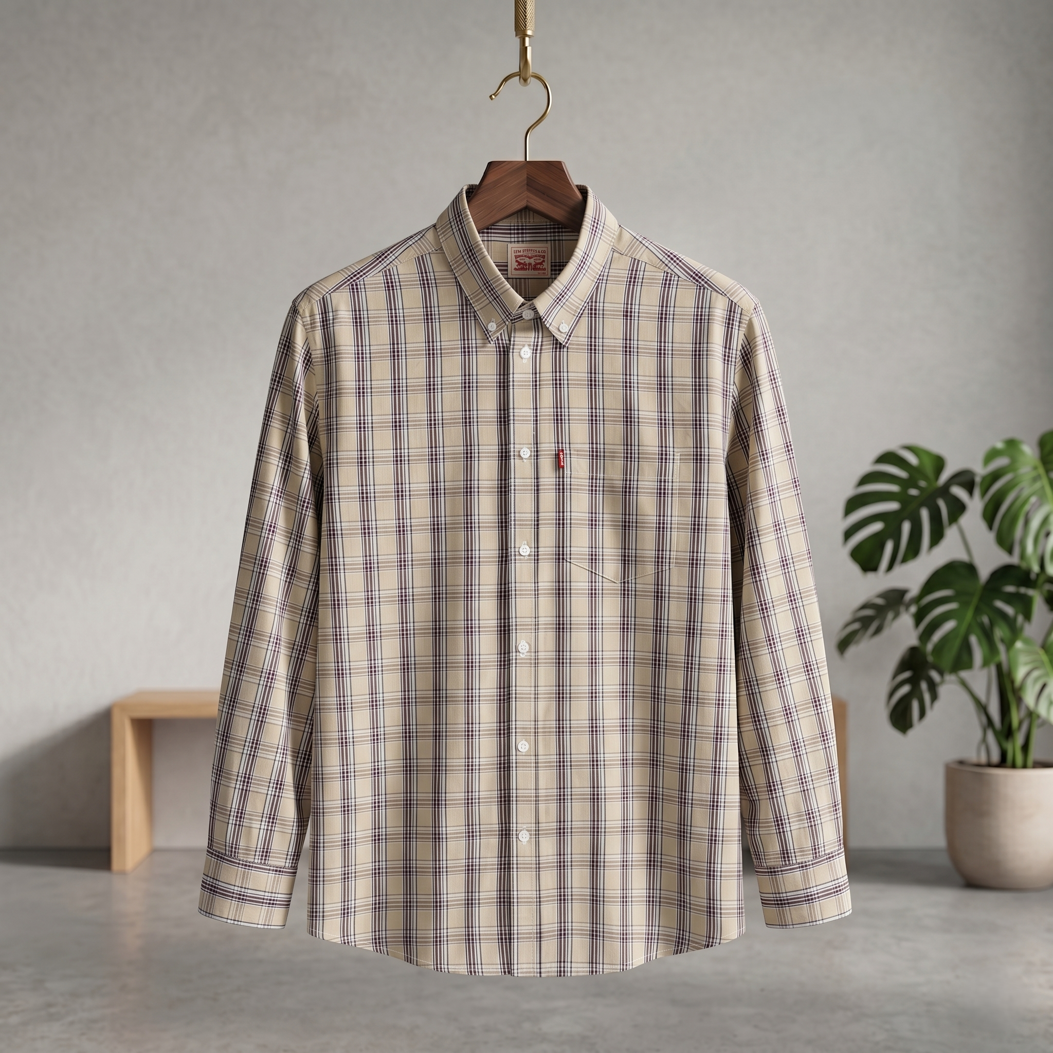 Cream/beige with dark navy/brown fine Plaid casual button-up shirt with long sleeves and chest pocket