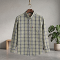 Sage green with navy/dark Plaid single-pocket casual button-up shirt with long sleeves and button placket