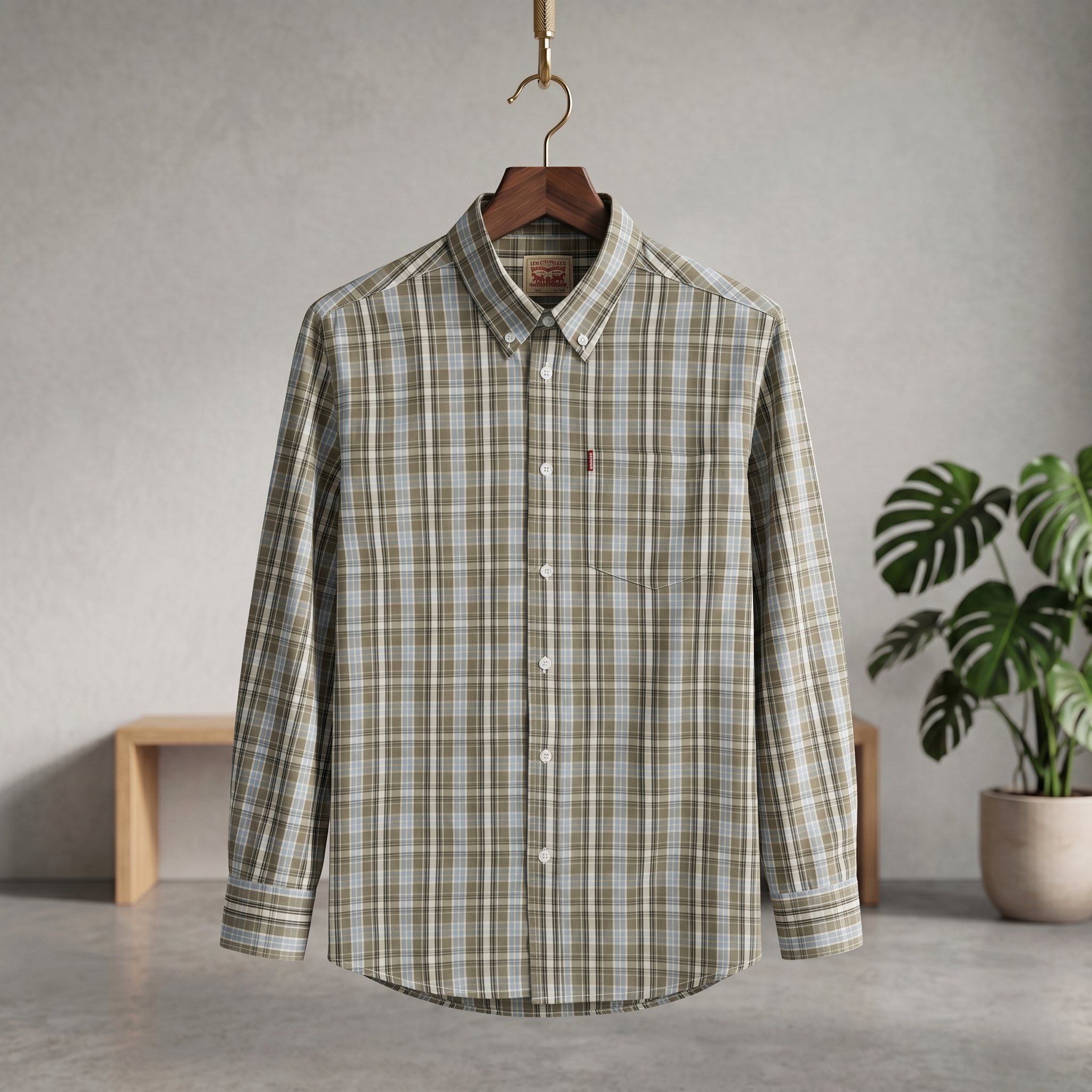 Casual button-up shirt, green plaid, single chest pocket, long sleeves