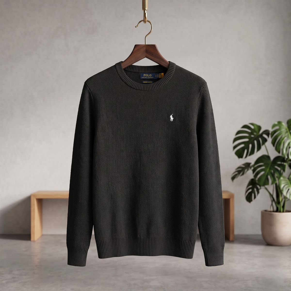 Textured Birdseye Crewneck Pullover Knit Sweater Dark Charcoal CPKS-03