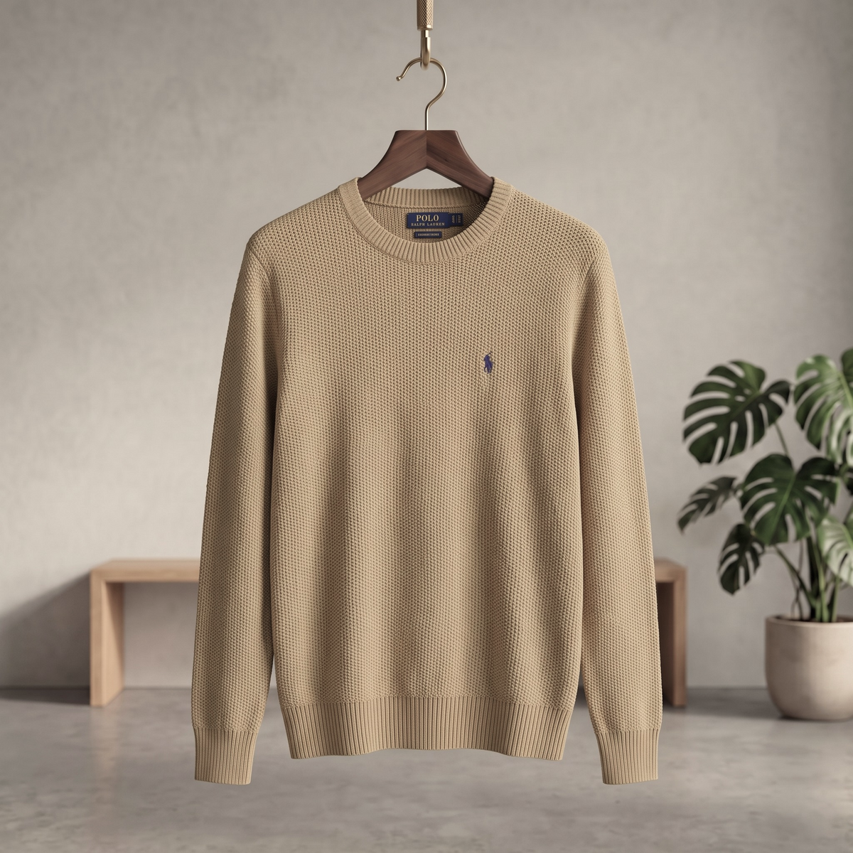 Textured Birdseye Crewneck Pullover Knit Sweater Desert Sand CPKS-04