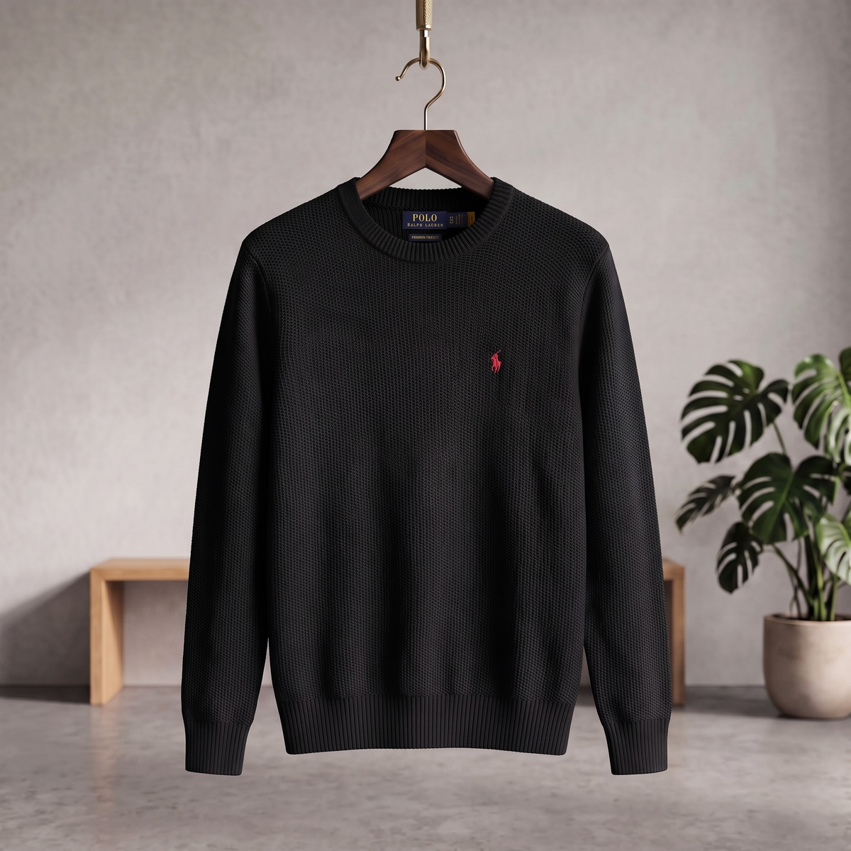 Textured Birdseye Crewneck Pullover Knit Sweater Obsidian Black CPKS-05