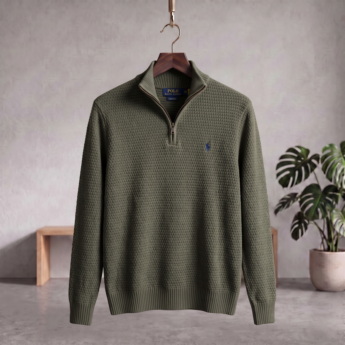 Textured Honeycomb Mock Neck Quarter-Zip Knit Sweater Sovereign Olive QZKS-12