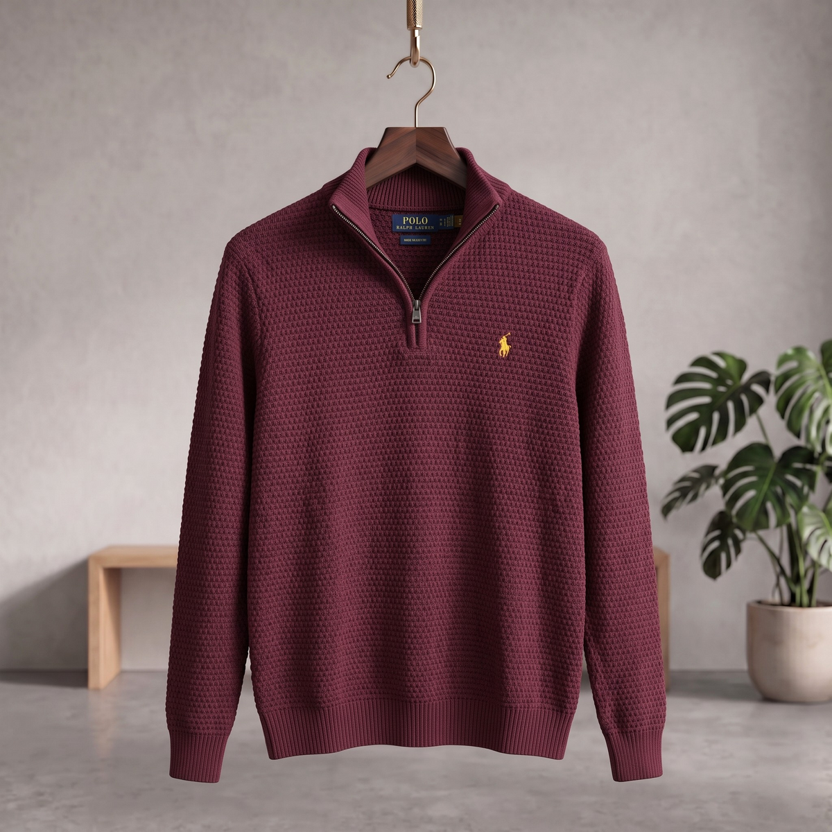 Textured Honeycomb Mock Neck Quarter-Zip Knit Sweater Wine Maroon QZKS-14